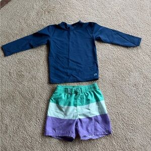 Rugged Butts Navy Swim Shirt and Wide Stripe Swim Shorts